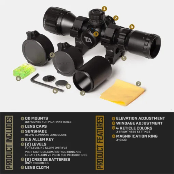 TACTICON - Falcon V3 3-9x32 Rifle Scope w/ Illumination [Black, Red, Green, Blue) Mil-Dot Reticle - Image 6